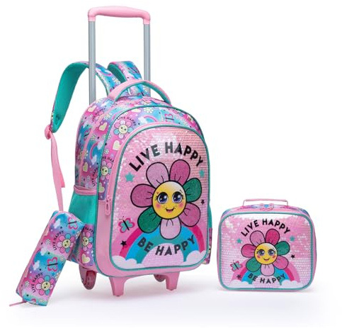 Egchescebo Kids Rolling Flower Backpack for Girls Trolley Suitcases Luggage Travel with Wheels Bookbag Wheeled 3PCS Roller Backpacks Toddler Tote Bag Back Pack School Bags Set for Elementary Pink