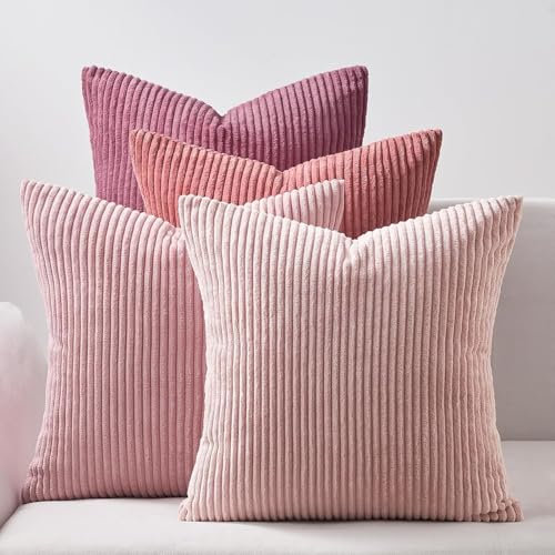 4er Set Kissen-Bezug mit Füllung Rosa, Modell Mary, Luxus Kordsamt Sofakissen gestreift Couchkissen Dekokissen Zierkissen Kopfkissen, mit verstecktem Reisverschluss, weich & angenehm