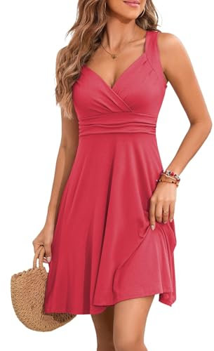 YUTILA Sommerkleid Damen V-Ausschnitt Ärmelloses Kleider Midi Blumenmuster Leicht Kleid Strandkleid