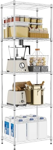 M MZG 5-stufiges Metallregal, hohes Aufbewahrungsregal für Küche, Bad, Büro, Vorratsraum und Abstellraum, verchromt, 30×45×139.6 cm