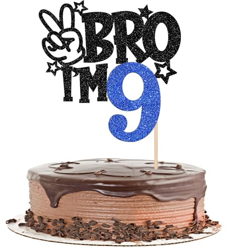 Xsstarmi 1 Pack 9th Birthday Cake Topper Star Glitter Yes Bro I'm 9 Fabulous Cake Pick Cheers to 9 Years Cake Decorations for Happy 9th Birthday Party Cake Decorations Blue
