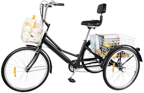 CHERIREN 24 Zoll Dreirad, 3 Räder 7 Gang Cruising Tricycle Erwachsene Dreirad Kohlenstoffstahl Dreirädriges Fahrrad Dreirädriges Fahrrad mit Einkaufskorb für Städte, Strände, Radwege