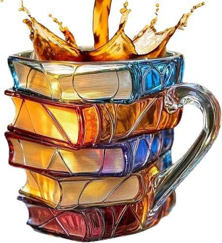 HOIDOKLY Tasse à café avec livres peints en 3D, tasse à café amusante avec livre, forme créative de livre 3D empilable, tasses à café, livres de coloriage pour lecteurs, bibliothécaires, écrivains (A)