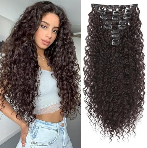 XFSRG Deep Curly Clip In Echthaarverlängerungen für Frauen,natürlich aussehendes Haarteil mehr Volumen & Struktur, hochwertige Faser, einfach anzubringen, für Themenpartys(Dunkelbraun-4#)