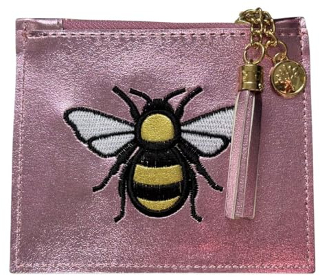 Metallic Embroidered Bee Coin, Card & ID Window Purse – with Bus Pass/Oyster Card Slot – Zipped Coin Section & Tassel Pull – 12 × 10.5 × 1 cm (Pink)