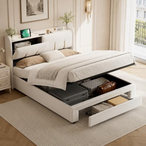 CDQL Polsterbett Doppelbett 140x200 cm mit Air-Bar-Stauraum, LED-Bett mit USB und 1 Schublade, Bettgestell mit Lattenrost, Jugendbett, Funktionsbett, Gästebett, Samt, Beige