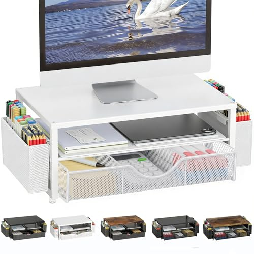 Monitorständer mit Schublade, Schreibtischorganizer und Zubehör, 2-stufiger Computer Monitor Erhöhung mit Schublade und 2 Stifthaltern, ergonomischer Desktop Ständer für Büro Zubehör (Metall Weiß)