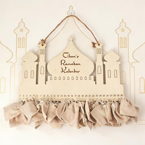 Ramadan Kalender mit 30 Stofftüte, DIY Ramadankalender zum Befüllen, Ramadan Adventskalender Holz, Ramadan Geschenke Kinder, Eid Mubarak Dekoration Wandteppich Hängend zum Wand Tür Fenster Deko