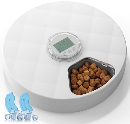 The Fellie Automatic Wet Food Cat Feeder, 6-Meal Timed Dispenser with 2 Ice Packs, Wireless Battery-Powered Auto Feeder for Wet & Dry Food, Suitable for Cats & Small Dogs