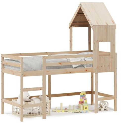 XHNIFBN Hochbett Kiefer massiv 90x190 cm mit Dach und Leiter, unbehandeltes Holz, Rausfallschutz, 80 kg belastbar, platzsparendes Funktionsbett für Kinderzimmer