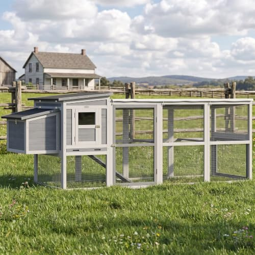 PawHut Hühnerstall Großes Hühnerhaus für 3-4 Hühner 264x82x89 cm Grau | Hühnervoliere aus Holz, Mit Auslauf, Nistkasten, Asphaltdach, Oxford-Abdeckung, Sitzstangen, Auszugsschublade, Rampe