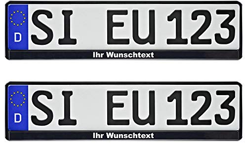 2 Stück Kennzeichenhalter schwarz mit Wunschtext beschriftet Kennzeichenhalterung