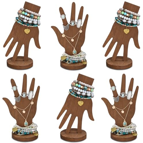 MOOCA 6 Pcs Set Wooden Hand Form Jewelry Display Bracelet Ring Stand Holder| Brown