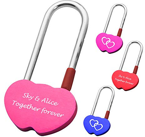 Personalised Engraved Bridge Long Shackle Padlock Double Heart Shape 4 Color Lock Wedding Anniversary Birthday Mothers Day (Pink)