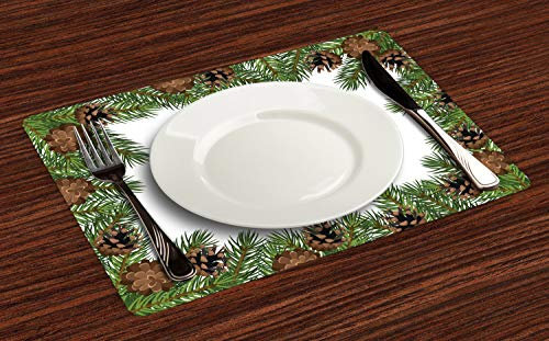 Lunarable Pinecone Platzsets 4er Set Ornament Borderlines Weihnachtskonzept der Nadelbäume Fichte Zweige waschbare Stoff-Tischsets für Esstisch Standardgröße Braun Olive