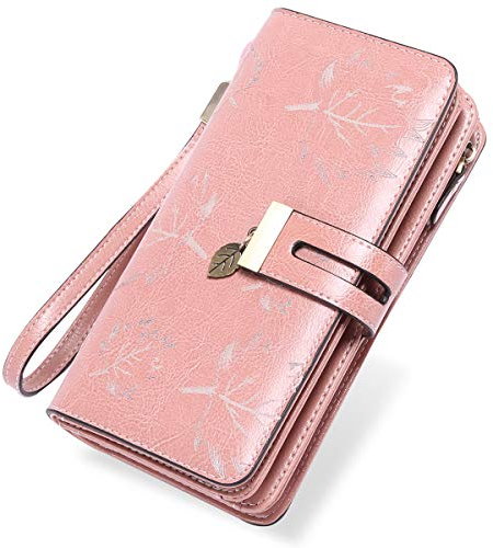 LUROON Geldbörse Damen Groß Viele Fächer, Leder Geldbeutel Damen Gross mit 24 Kartenfächer, RFID Frauen Portemonnaie Lang Damen Portmonee mit Handyfach und Reißverschluss (Rosa)
