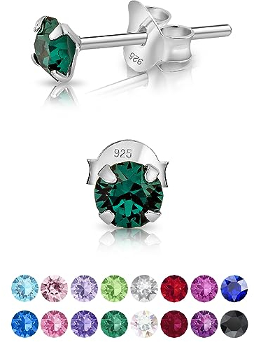 Pendientes de Botón Plata Ley 925 on Cristales Brillantes Verde Esmeralda - Pendientes Pequeños Mujer Plata 925 - Punto de Luz Hipoalergénicos sin Niquel - Diámetro 4 mm