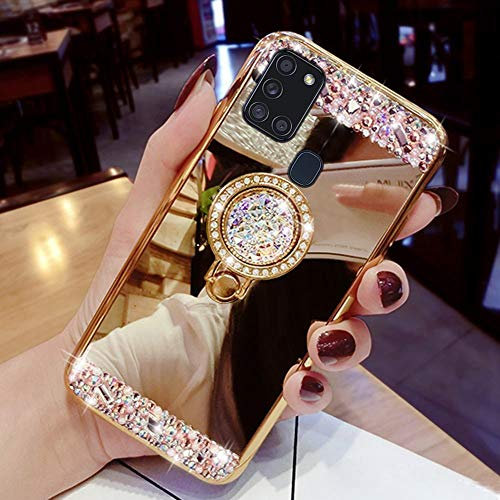 JAWSEU Galaxy A21S Hülle, Glitzer Diamant Spiegel TPU Silikon Hülle Schutzhülle Case mit Ring 360 Grad Ständer, Gold