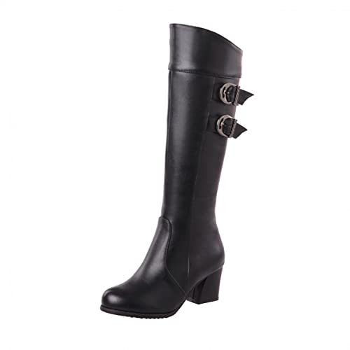 Stivali Donna Fiocco Zip Laterale Rotondo Ginocchio Tacco Quadrato Nudo Stivaletti Casual a Tubo Lungo (37,Nero)