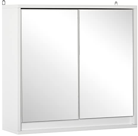 HOMCOM Bathroom Mirror Cabinet Wall Mounted Storage Shelf Bathroom Cupboard Double Door, White