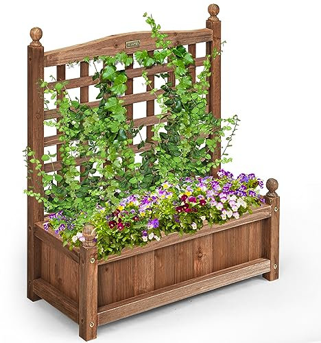 COSTWAY Fioriera da Esterno in Legno, Letto con Graticolato per Coltivazione di Ortaggi, Fiori, Erbe e Frutta, Aiuola Elevata con Traliccio per Balcone, Giardino e Cortile, 64,5 x 28 x 75 cm, Marrone