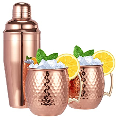 Moscow Mule Mugs Set of 3-Hammered Moscow Mule Mugs Drinking cup with 24oz Cocktail Shaker-Great Dining Entertaining bar Gift Set (Mug Set of 3 -cocktail shaker included))
