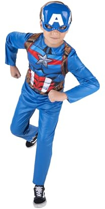 MARVEL Captain America Official Youth Value Costume - Full-Bodied Fabric Jumpsuit with High-Resolution Printed Design and Plastic Half Mask