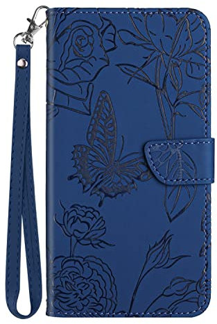 Pochette Téléphone Portable pour Vivo V21 5G/V21 4G,Coque Motif Papillon et Fleur Gaufrage,Étui Bourse Douce Cuir Pliant Antichoc Housse avec Fente Photo et Stand,Bleu foncé