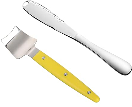 INIFLM 4Pcs Butter Spreader Knife, Stainless Steel Corn Butter Knife and Curler 3 in 1 Serrated Kitchen Gadgets Butter Grater for Cold Butter Slicer with Holes, Yellow&silver