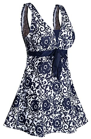 Ecupper Maillot de Bain Une Pieces pour Femme Rétro Jupe avec Volantée Contrôle du Ventre Push Up Col en V Bleu Marine 2XL