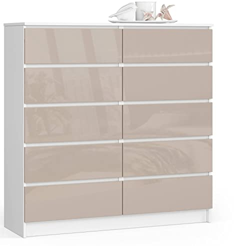 AKORD Kommode K 120 cm | 10 Schubladen | für Wohnzimmer Schlafzimmer Schrank Wohnzimmer | Modernes Funktionelles Design | 16mm Schichtstoffplatte | Farbe Weiß-Cappuccino Glanz