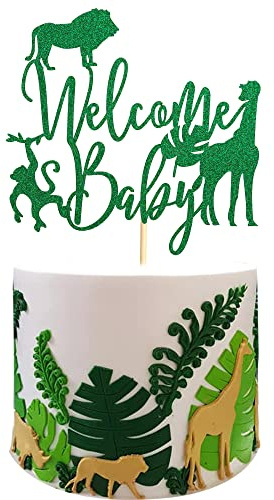 Arthsdite Décoration de gâteau « Welcome Baby » - Jungle - Animaux sauvages - Décoration de gâteau - Vert pailleté