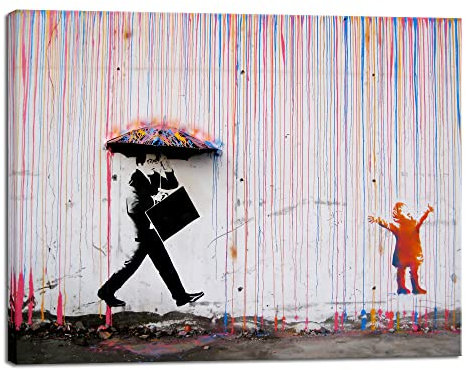 Wieco Art Banksy Regentag oder bunte Graffiti-Straße, berühmte Leinwandgemälde, Wandkunst, modern, inspirierend, graue Liebesbilder, Druck, Kunstwerk für Esszimmer, Küche, Zuhause, Büro, Dekoration