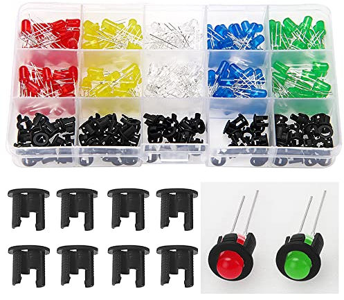 Lyeteung 200 Stücke 5mm LED Leuchtdioden, 2-Poligen Mehrfarbiger Rundkopf LED Dioden, Rot Grün Blau Gelb Weiß, 40 Stücke pro Farbe, mit 100 Stücke Kunststoff LED Halter