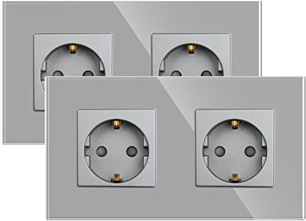JIMEIDA 2 Pack Doppelsteckdose in Grau, 16Amp Glas Schuko Steckdosen Unterputz Schutzkontakt Wandsteckdose- 157 * 86mm, 250V, 2 Fach