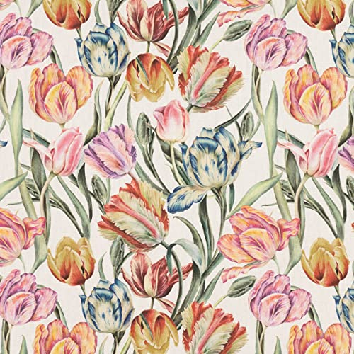SCHÖNER LEBEN. Dekostoff Baumwollstoff Halbpanama Drika Tulpen Ecru bunt 1,40m Breite
