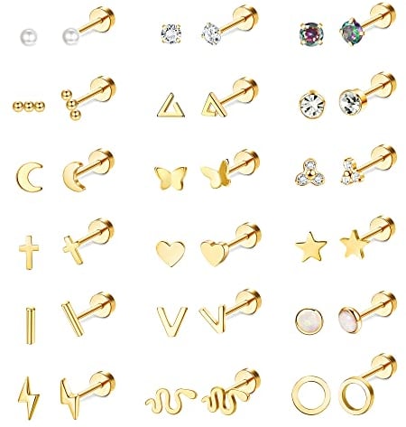 JeryWe 18 Pairs Flat Back Stud Earrings for Women 18G Stainless Steel Small Cartilage Studs Earrings Moon Star Opal Disc Ball CZ Helix Tragus Screw Back Piercing Set Gold Tone