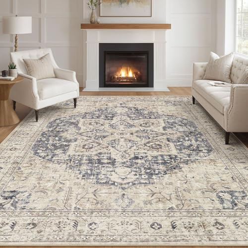 Tortania Area Rug 9x12 Living Room Rug Washable Soft Cream/Blue