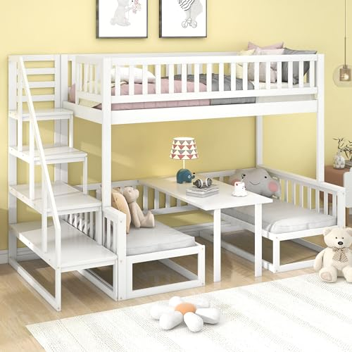 Merax Hochbett mit Treppe, Platzsparendes Kinder Etagenbett mit verstellbarem Tisch und Holzsofa, Jugendbett mit Rausfallschutz und Lattenrost, Kieferholzgestell, Kindermöbel-Set, 90 X 200 cm, Weiß