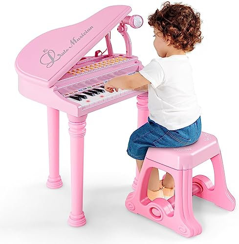 DREAMADE Jouet Piano pour Enfants, Clavier 31 Touches avec Tabouret, Instrument de Musique Mini Piano à Queue avec Microphone, Enseignement Guidé par La Lumière (Rose 31 Touches)