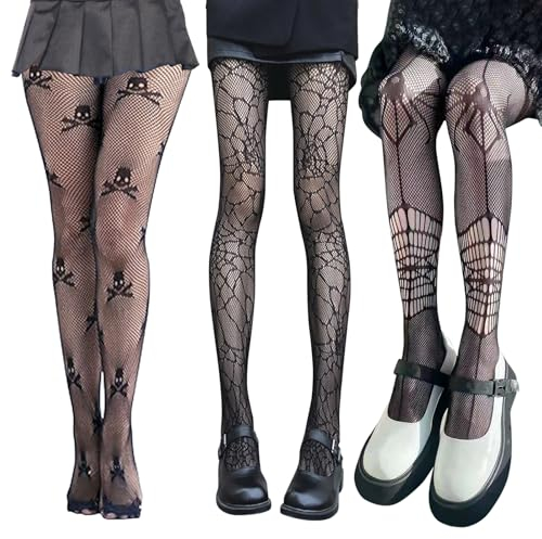 Netzstrumpfhose Schwarz Halloween, 3 Paar Netz Strumpfhose Totenkopf Spinnen, Spinnennetz Strumpfhose, Skelett Strumpfhose Damen, Halloween Kostüm Accessoires, Tag der Toten, Karneval, Mottoparty (3)