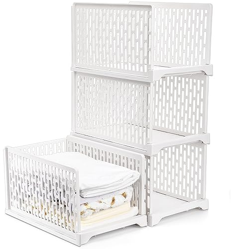 AVLA 4 Pack Stackable Plastic Storage Basket, Plastic Foldable Closet Organizer Storage Bins, Wardrobe Storage Box Clothes Drawer Shelf Container for Cupboard Bedroom Dorm Bathroom Kitchen Office