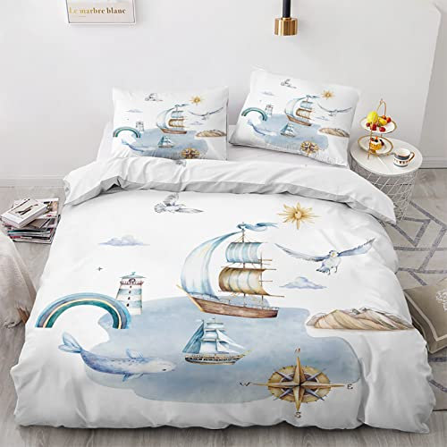 GEDAEUBA Nautisch Bettwäsche 200x220 - Maritim Bettbezug 200 x 220 3 teilig, Wendebettwäsche und Kissenbezug 80x80, Weiche & Angenehme & Atmungsaktive Mikrofaser Bettwäsche-Sets mit Reißverschluss