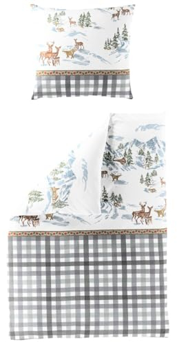 Bierbaum Biber Kuschel Bettwäsche 2 TLG. Wintertraum Rehe Hirsch Weiß Grau Grün Baumwolle Karos Blumen Schnee, Größe:155x220cm Bettwäsche