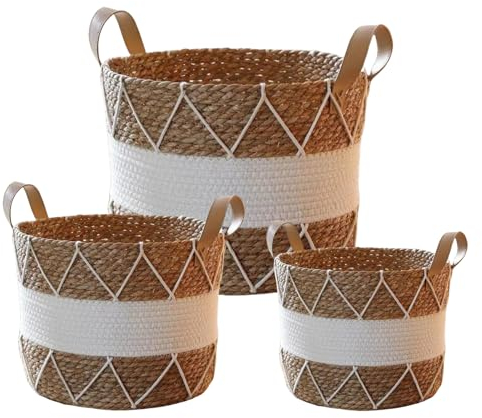 KMERCE 3pcs Cesta para Plantas, Macetero Mimbre, Macetas Decorativas Interior y Exterior, Cesto de jardín Seagrass con Asas, Cesta de Almacenamiento, Diámetro18cm,22cm,25cm