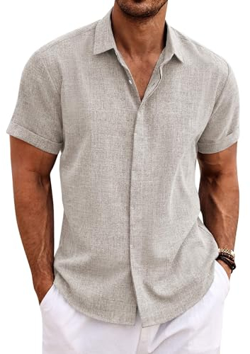 COOFANDY Chemise en lin à manches courtes pour homme - Coupe droite - Pour l'été et la plage, Couleur champagne., L