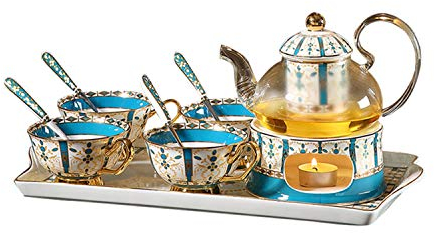 QIAOCEN Set da tè, teiera in Vetro da 700 ml con 4 Tazze da tè in Ceramica Stampate Vintage, Vassoio, Cucchiaio, Regalo di inaugurazione della casa A