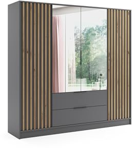ALTDECOR Kleiderschrank mit Spiegel und selbstschließenden Lamellentüren, Lamellen, Flügeltüren - Nelia - 200 cm Graphit