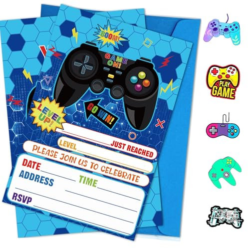 PTECDROTS 20Pcs Video Game Invitations Sets with Envelopes & Stikers Blue Game On Party Invitations for Boys Birthday Gamer Party Supplies, 17x12cm