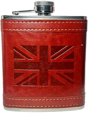 SAJAK Union Jack Hip Flask – 7oz Stainless Steel Whiskey Flask with PU Leather Cover | Leak Proof, Portable Pocket Flask Gift for Men & Women | UK Travel Souvenir for Camping, BBQ, Parties Decoration